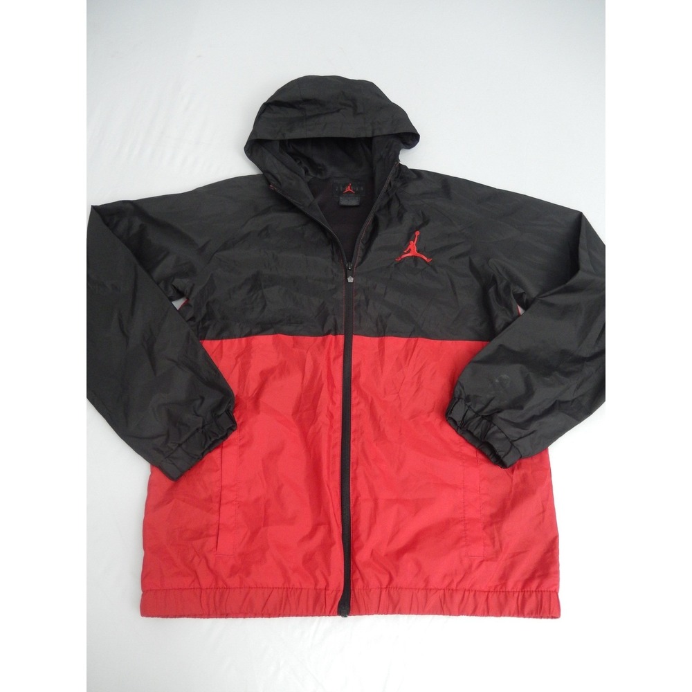 Kids Jordan Windbreaker Jacket Black Red Hooded Lightweight Zip‎ Up
